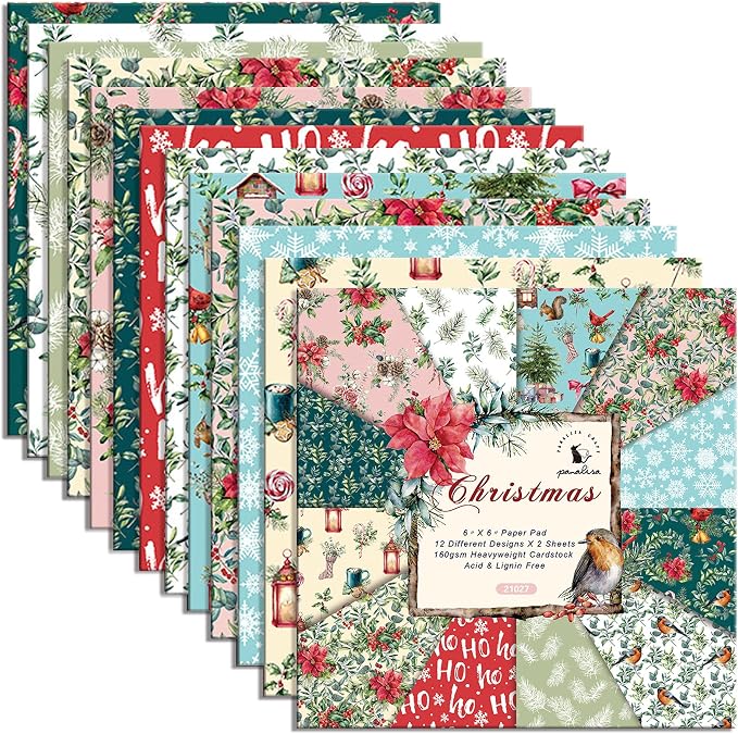 Christmas Pattern Scrapbook Paper, 6 Inch Card Production Supplies, 24 Sheets Single Sided Acid-Free Cardstock Greeting Card, Handmade Gift Journaling Craft Kits (D-style)