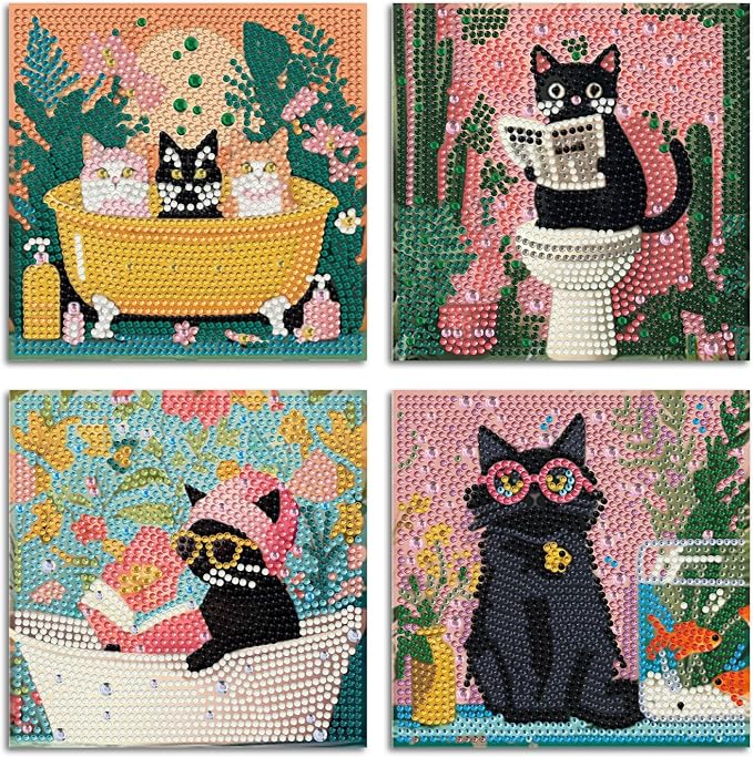 ICYANART 4 Pack Cat Diamond Art for Kids, Cat Diamond Art Kids Easy 6x6Inch | Cat Diamond Art for Kids Ages 4-6-8-12 , Small Diamond Art Kits for Kids, Easy Art and Craft for Kids (no Frame)