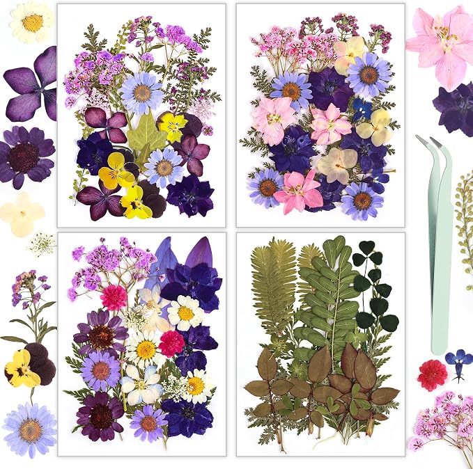 Dried Flowers, Resiners 100Pcs Pressed Flowers for Craft Purple Real Natural Dried Flowers Dry Leaves Kit for DIY Making Crafts Resin Soap Candle Scrapbook Supplies Card Making Jewelry