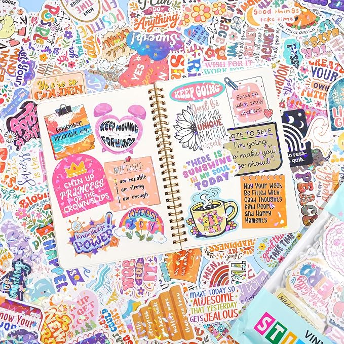 300PCS Affirmation Stickers by Puraesla - Holographic Motivational Sticker Pack, Positive Journal Encouraging Shiny Quotes for Kids, Teachers, Classroom, Waterproof Scrapbook Supplies