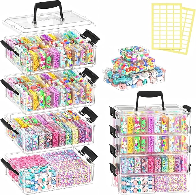 Stackable Bead Storage Organizer, 88 Small Plastic Containers with Lids, 4-Layer Clear Bead Organizer Box, 3 Sizes, Portable, for Jewelry and Crafts