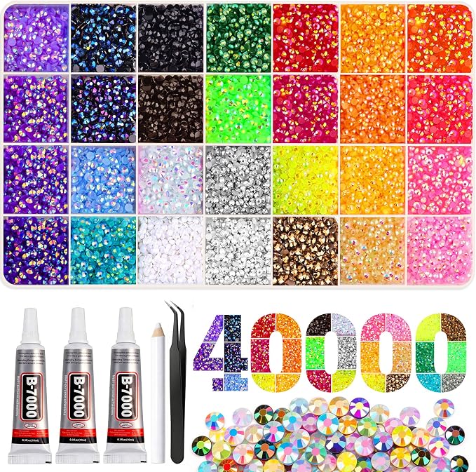 Artdone 40000Pcs Resin Rhinestones 3mm 28Colors for Bedazzling Glitter Kit | DIY Multicolor Jelly Crystal Diamond with 3Pcs 10ml B7000 Jewelry Glue for Bedazzled Nail Art Supplies Decoration