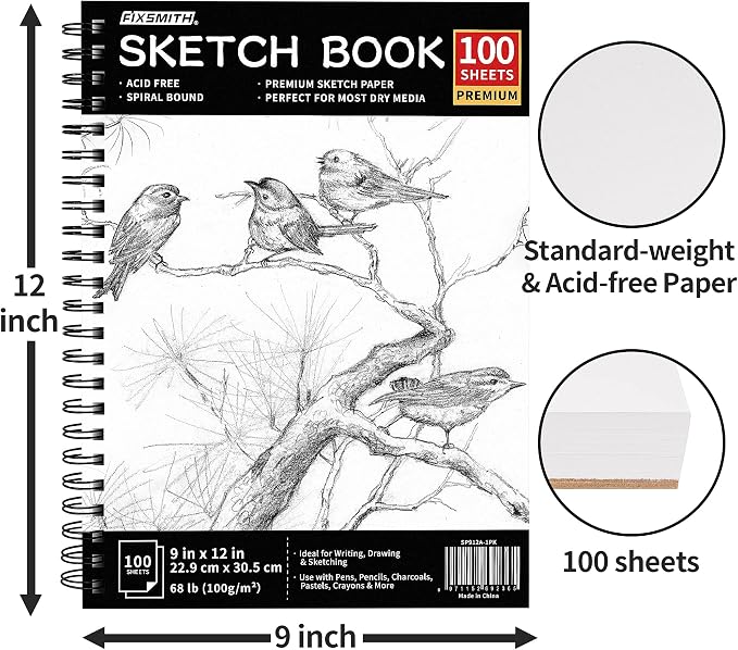 FIXSMITH 9"X12" Sketch Book | 200 Sheets (68 lb/100gsm) Sketchbook| 2 Pack (100 Sheets Each) |Acid Free Drawing Paper | Spiral Bound Sketchpad for Beginners,Artists & Professionals | Bright White