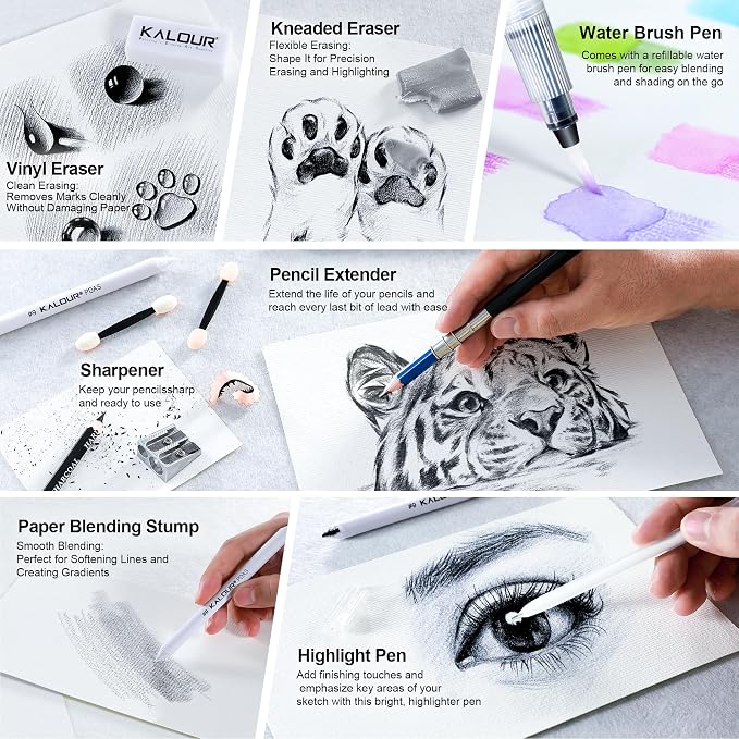 KALOUR 135 Drawing Set Sketching Kit,Art Supplies with 3-color Sketchbook & Coloring Paper,Include Tutorial, Oil Based, Neon,Graphite, Charcoal, Watercolor & Metallic Pencil,for Artist Adults Beginner