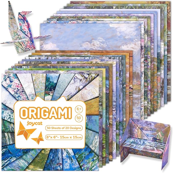 JoyCat Monet Patterned Origami Paper, 50 Double-Sided Sheets, 6x6 Inch | 20 Monet-inspired watercolor designs add soft Impressionist color to origami, scrapbooking, card making and paper crafts.