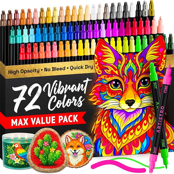 ARTISTRO Dual-Tip Acrylic Paint Marker Pens - Set of 72 | For Fabric, Rock, Glass, Wood, & Coloring Books, Arts & Crafts Gift, Classroom Must Haves & School Supplies (Dot & Fine Tips)