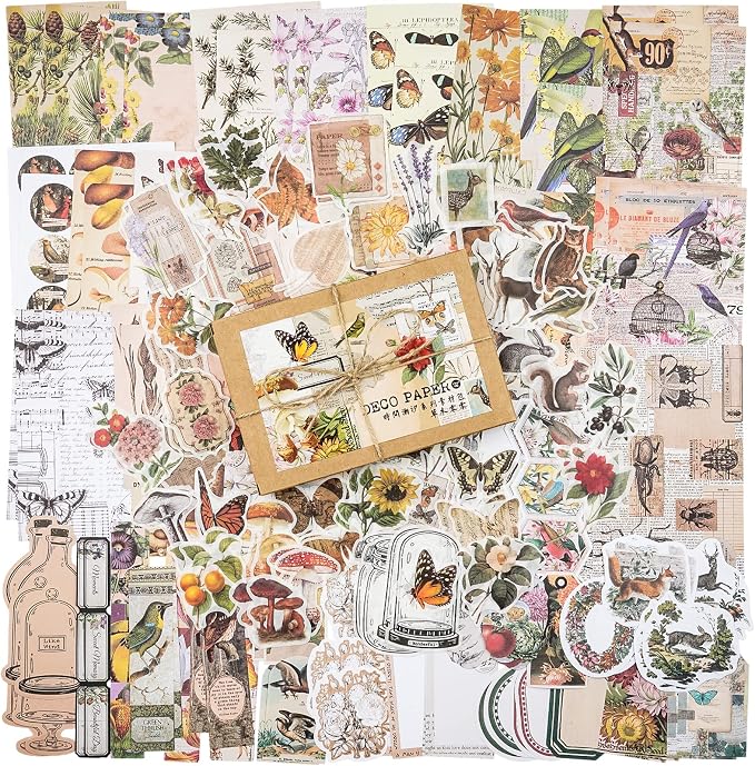 Knaid 200 Pieces Vintage Ephemera Pack Decoupage Paper Junk Journal Kit Scrapbook Planner Sticker Supplies for Art Journaling Bullet Journals Collage Craft Notebooks Album Crafter Gifts (Forest)
