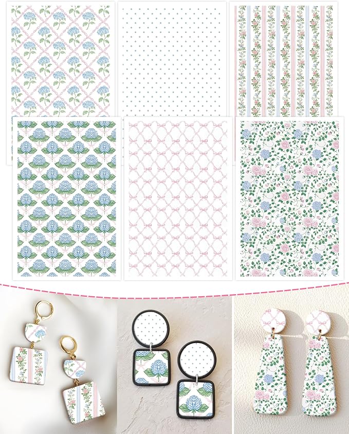 Flowers Polymer Clay Transfer Paper - 18 Pcs Spring Floral Gingham Polka Checkerboard Clay Transfer Sheets for Earrings Jewelry Making