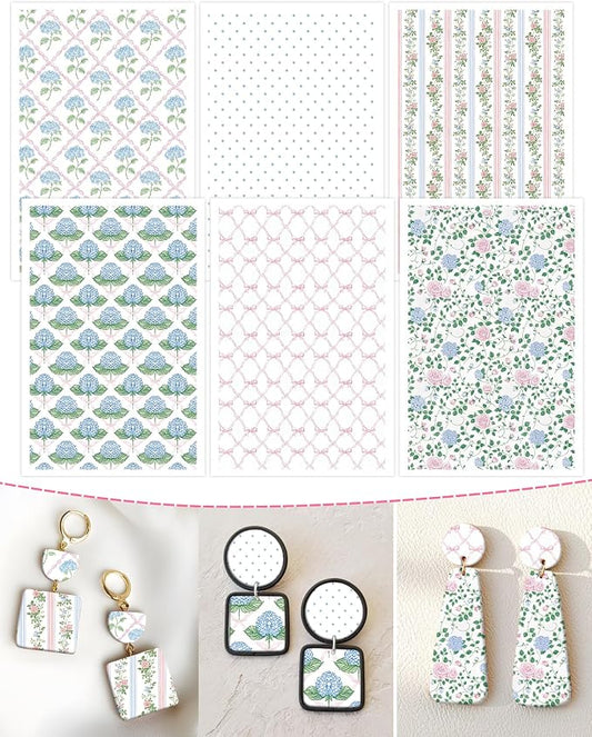 Flowers Polymer Clay Transfer Paper - 18 Pcs Spring Floral Gingham Polka Checkerboard Clay Transfer Sheets for Earrings Jewelry Making