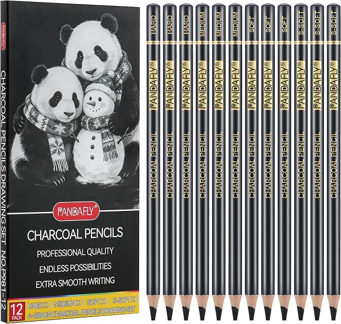 PANDAFLY Charcoal Pencils Set, 12 Pack (Super Soft, Soft, Medium & Hard) | Professional Black Charcoal Pencils for Drawing Sketching Shading, Charcoal Drawing Set for Beginners & Pro Artists