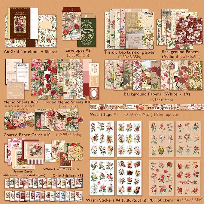 Scrapbooking Supplies Kit, A6 Grid Notebook, Vintage Junk Journaling Kit