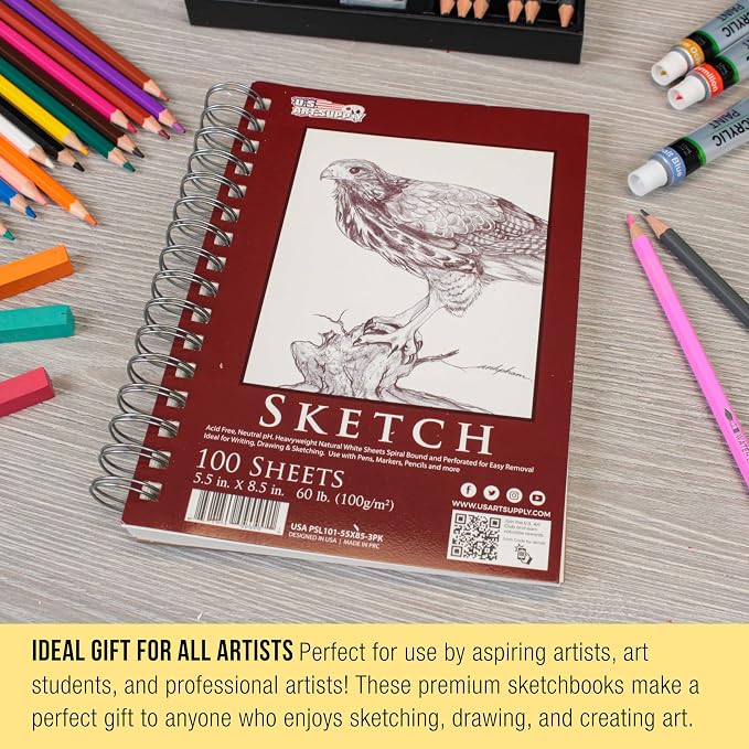 U.S. Art Supply 5.5"x8.5" Sketch Book Pad, Spiral Bound 100 Sheets, 2-Pack | 60lb (100gsm) Spiral Bound - Sketching, Drawing Acid-Free Paper - Sketch Pads For Adults, Students: Colored Pencils, Charcoal