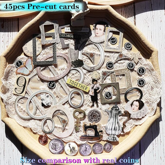 Vintage Junk Journal Items Kit Pre Cut Paper Cards Cutout Cardstock Art Aesthetic Decor Hollow Out Craft Elements Small Embellishments Supplies for Adults Scrapbook Pack (Photo Frame Silvery)