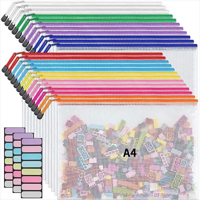 JARLINK A4 Mesh Zipper Pouch Bags, 24 Pcs Waterproof Zipper Pouch Bags