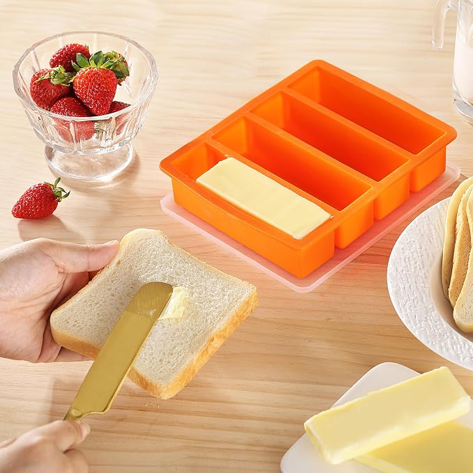 OHOLA Silicone Butter Mold Tray with Lids, Non-Stick for Chocolate, Energy Bars and Cake (1Pack, Stylish Orange Color)
