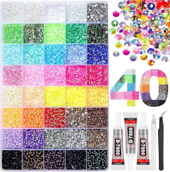 50000Pcs 40 Colors Resin Jelly Rhinestones for Bedazzling, 3mm Multicolor Flatback Gems for Crafting, Bedazzler Kit with 3Pcs 10ml B7000 Glue for Clothes Book Shoes Nails Art Makeup