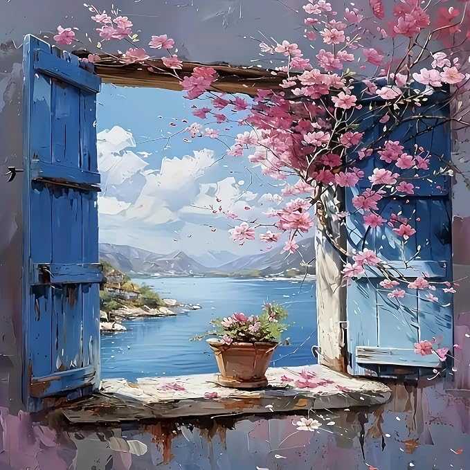 5D Blossom Window Diamond Art kits for Adults Beginners 13.7x 13.7 Inch | Scenery Diamond Painting Kit DIY Full Round Drill Paint by Diamonds Dot Gem Art for Adult, Home Wall Decor