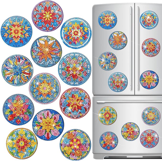 Zonon 12 Pcs Diamond Art Magnets Mandala Diamond Painting Kits Fridge | Multicolor Mandala Flowers, Painting Magnetic Stickers for Adults, Fridge Home Decor, Art Kit with Colorful Designs