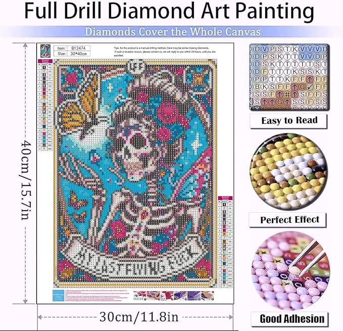 Diamond Art Kits for Adults Skull Last Flying Diamond Painting Kit 12x16in | 5D Skull Diamond Art Painting Kit for Adult, DIY Full Round Drill Tarot Gem Art Diamond Dots Kits for Home Wall Decor Gift
