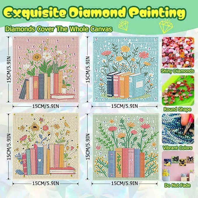 ICYANART 4 Pack Diamond Art Painting Kits for Kids Ages 6-8-12 6x6Inch | Small Diamond Art for Kids, Book Gem Art Kit for Kids, Easy Arts and Crafts for Kids Ages 8-12 (no Frame)