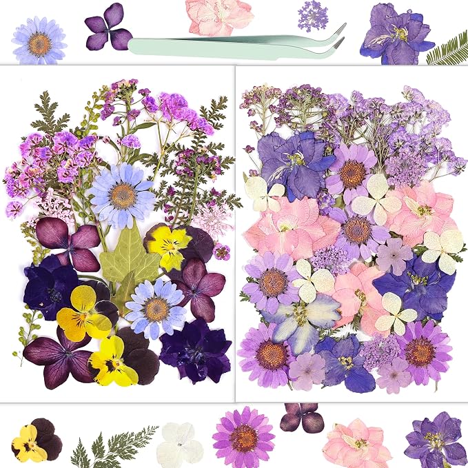 Dried Flowers, Resiners 58Pcs Pressed Flowers for Craft Purple Real Natural Dried Flowers Dry Leaves Kit for DIY Making Crafts Resin Soap Candle Scrapbook Supplies Card Making Jewelry