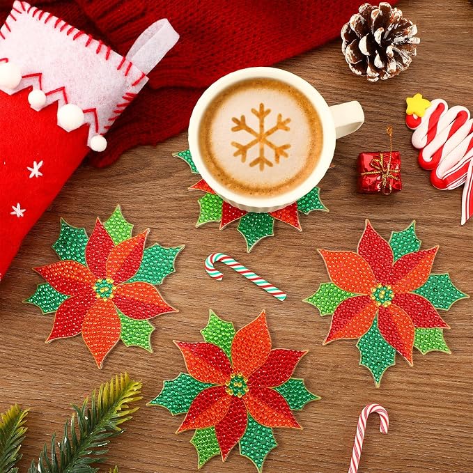 UPINS 8Pcs Christmas Diamond Art Painting Coaster Kit, Poinsettia Coaster Christmas Red Flower Coasters with Holder for Xms DIY Crafts Gifts Holiday Home Kitchen Table Decor