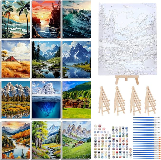 RoundFunny 12 Set Paint by Numbers Kit for Adults Landscape Painting 8x10 | with Wooden Frame Easel Acrylic Paints Brushes Watercolor Oil, DIY Stress Relief Paint by Number for Beginner Home Wall Decor