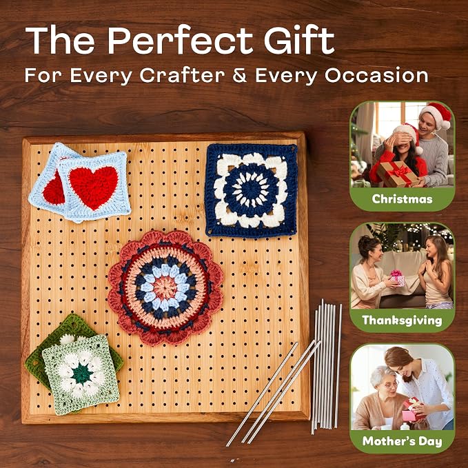 11.8" Crochet Blocking Board & 20 Pins Pegs,Granny Square Blocking Board | For Crochet Projects, Bamboo Blocking Boards for Crocheting and Knitting, Wooden Gifts for Crocheter