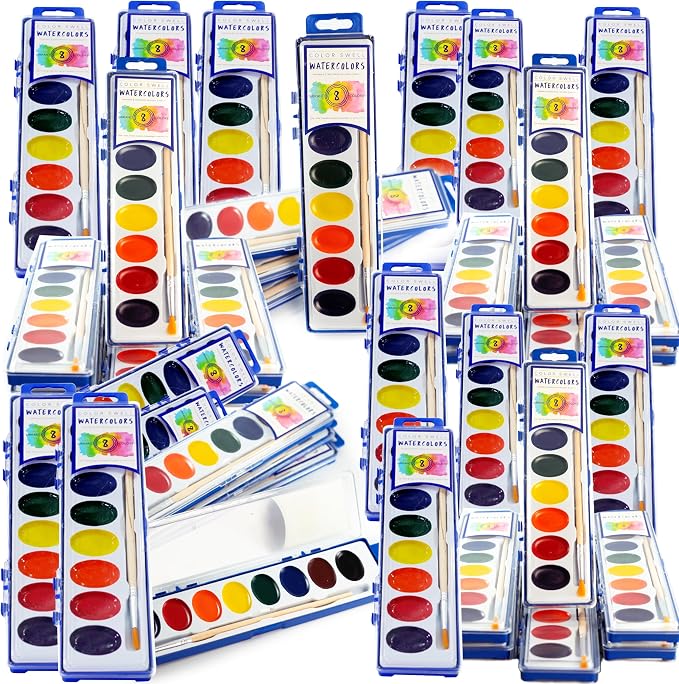 Color Swell 8 Color Bulk Watercolors with Wood Brushes, 20 Pack