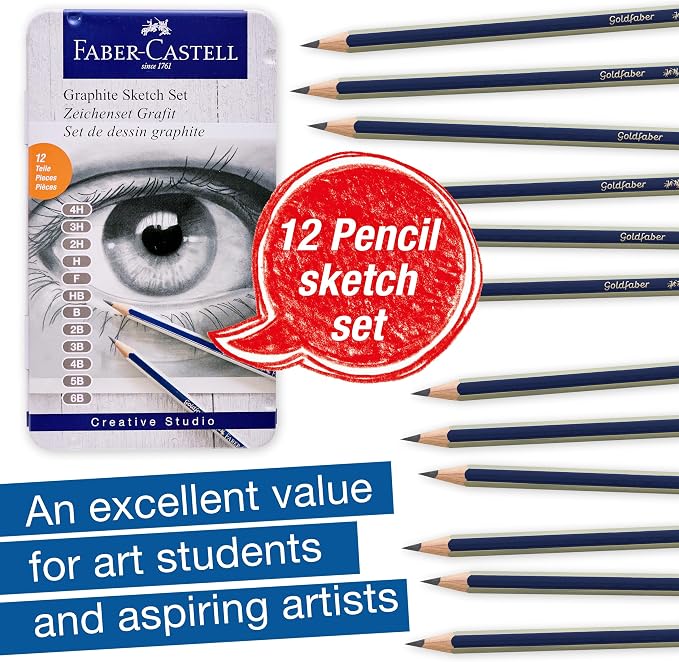 Faber-Castell Graphite Pencils Drawing Set | Back to School Art Supplies | 12 Art Pencils for Sketching (4H, 3H, 2H, H, F, HB, B, 2B, 3B, 4B, 5B, and 6B), Shading Kit
