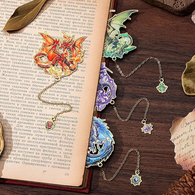 Fantasy Fourth Wings Dragon Bookmarks -4 Designs: Fire Red,Ice Blue,Thunder Purple,Forest Green-Unique Cool Metal Book Marks for Men Women, Inspirational Gift for Kid, Readers, Book Lovers, Collectors