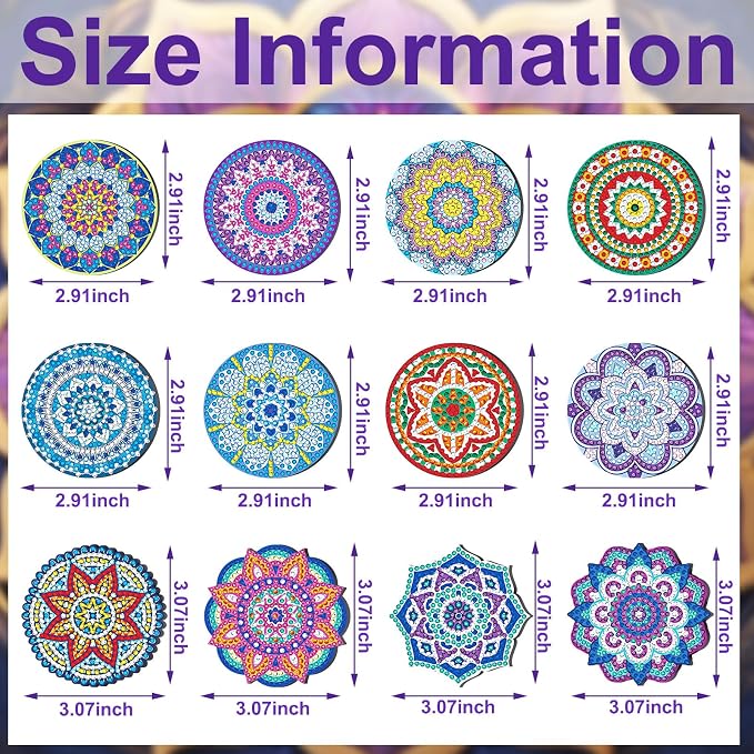 Zonon 12 Pcs Mandala Diamond Art Refrigerator Magnets for Adults | Diamond Painting Kits with Mandala Designs, Magnetic Stickers for Fridge Decor, Easy Kitchen Decorative Magnets for Home