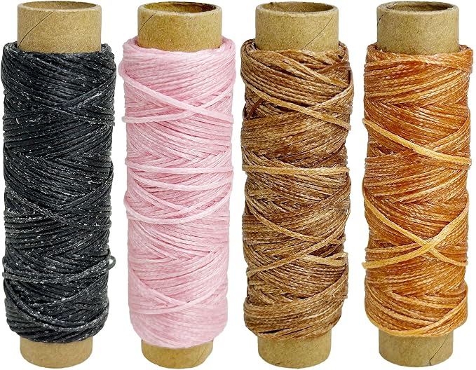4 PCS Leather Sewing Waxed Thread, Each of 33 Yards 150D Sewing Thread Cord for Leather Craft DIY Supplies, Shoes Repairing, Black, Dark Khaki, Light Brown, Pink