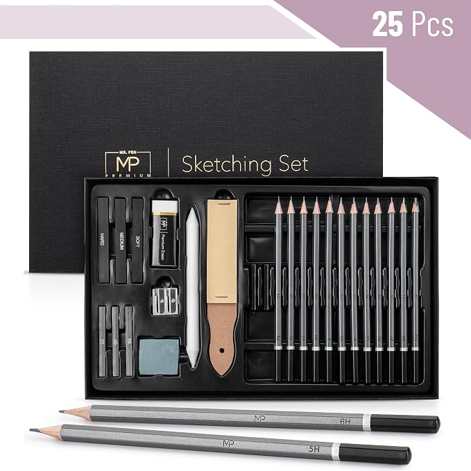 Mr. Pen- Drawing Sketching Pencil Set, 25 pcs, Graphite Pencils (10B-6H) | Graphite Sticks, Erasers, Sharpener, Blending Stump & Sandpaper Pad for Drawing, Shading & Art Projects