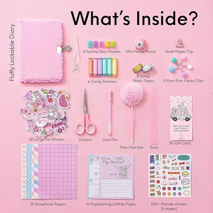 HAPPY LOLLI Pink LolliME DIY Journal Kit for Tween & Teen Girls Ages 8–14, Birthday Gift, 300+ Pieces Lockable Diary Set, Arts & Crafts, Scrapbook & Creative Journaling