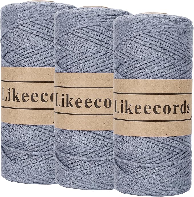 Likeecords 100% Cotton Crochet Yarn for Bag,3 Rolls/Pack 2mm x 510m,Macrame Cord,Chunky Yarn for Crocheting Handbag, Purse,Blankets Crafts Projects (Grey)