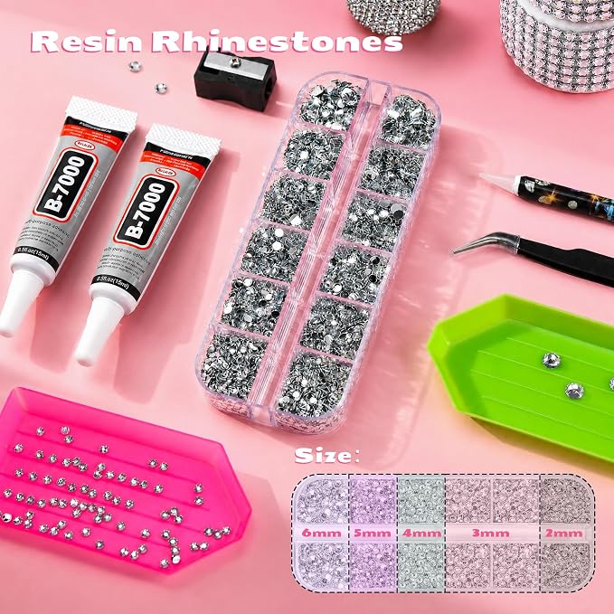 25000 Pcs Resin Jelly Rhinestones Kit, Sliver Clear 2/3/4/5/6mm Flatback Rhinestones with 2 Pcs B7000 Jewelry Glue & Tools, All-in-One Bedazzling Kit for DIY Arts & Crafts Gifts