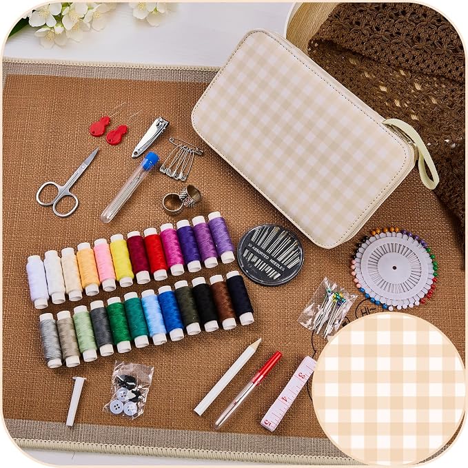 Travel Basic Sewing Kit with Checkered Pattern Sewing Set | Professional 130PCS Sewing Supplies Heavy Duty Needles Kit Printing Sewing Kit for Adults & Beginners Emergency, Home