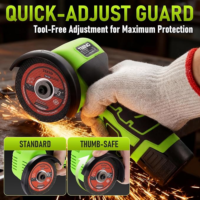 TEENO Cordless Angle Grinder 3 Inch, 19,500 RPM Mini Electric Angle Grinding Tool with 2 pcs 2000mAh Batteries and 6 Cutting Discs, 16.8V Handheld Grinder for Metal/Wood Cutting and Grinding