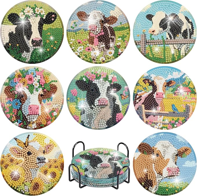 askkqtx 8 Pcs Cow Diamond Art Coasters Kits with Holder 4X4 Inch