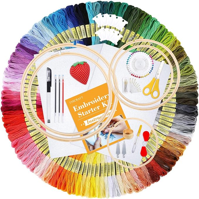 INSCRAFT 304 Pack Embroidery Kit, 200 Colors Threads, 5 Pcs Bamboo Embroidery Hoops, 2 Pcs Aida Cloth, Instructions, Bag and Cross Stitch Tools Set, Hand Embroidery Starter Kit for Beginners Adults