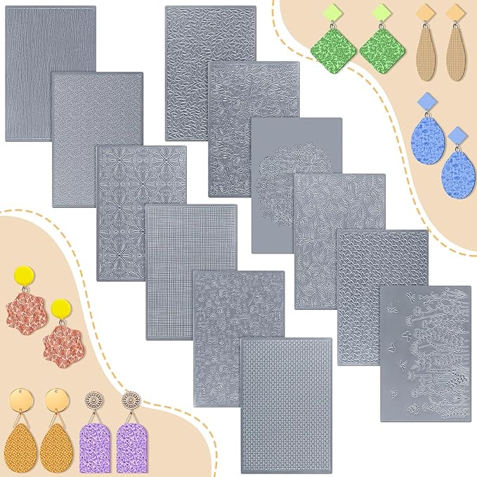 DoubleFill 12 Pcs Polymer Clay Texture Sheets Mat Works with Polymer Clay Cutter Embossin Roller DIY Tools for Pottery Earrings Jewelry Making