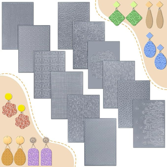 DoubleFill 12 Pcs Polymer Clay Texture Sheets Mat Works with Polymer Clay Cutter Embossin Roller DIY Tools for Pottery Earrings Jewelry Making