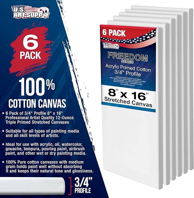U.S. Art Supply 8"x16" Stretched Canvas for Painting, 3/4" Profile, 6-Pack
