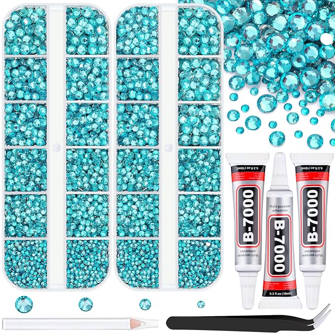 12100Pcs Resin Rhinestones for Crafting with 3Pcs 10ml B7000 Jewelry Glue, 2 Boxes Flatback Crystals Diamond (Teal Blue) for Bedazzling Crafts DIY Nail Art，Non Hotfix Gems for Clothing Shoes