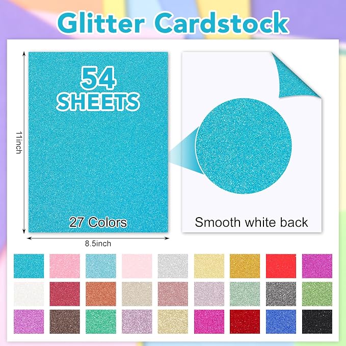 54 Sheets Glitter Cardstock Paper 8.5 x 11, 27 Colors, 230Gsm