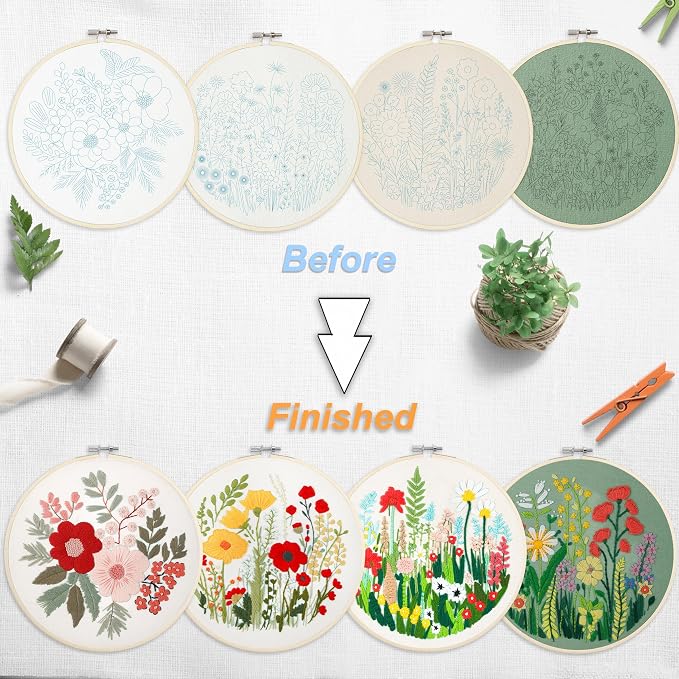 Bonroy Embroidery Kit for Beginners with Instructions,Cross Stitch Kits for Adults with Pattern,Needlepoint Kits for Adult Include Embroidery Cloth Hoops Needles Threads (flowers5)