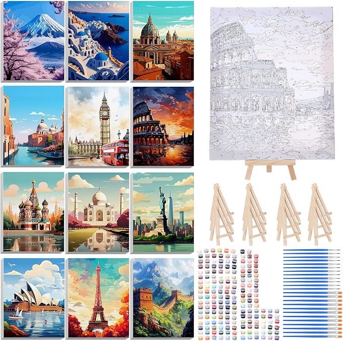 RoundFunny 12 Set Paint by Numbers Kit for Adults Cityscape Painting 8x10 | with Wooden Frame Easel Acrylic Paints Brushes Watercolor Oil, DIY Stress Relief Paint by Number for Beginner Home Wall Decor