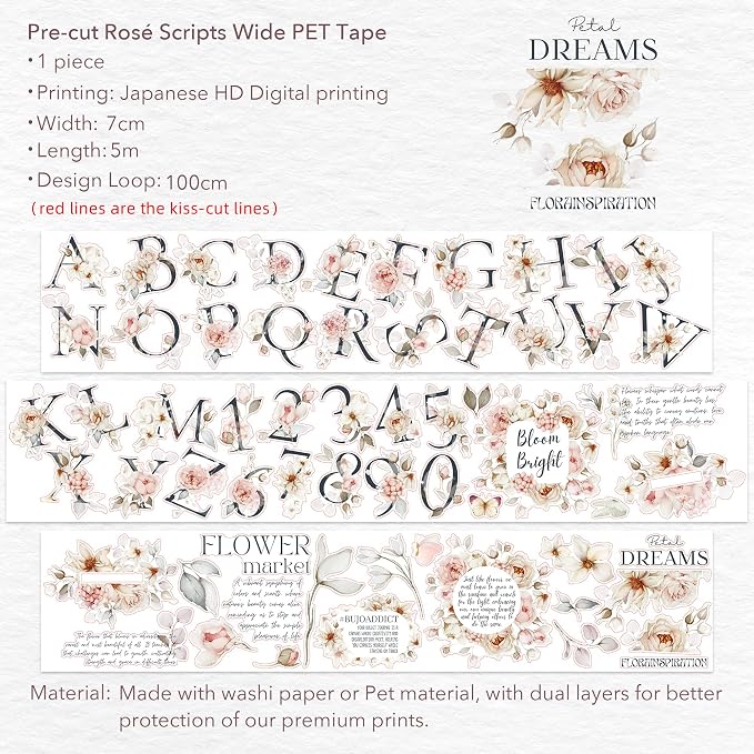 WT Pre-Cut Rosé Scripts Wide PET Tape, Single Roll, Original Designs, Blush Floral & Handwritten Script, Clear Decorative Tape for Junk Journal, Scrapbook, Bujo, Planner, DIY Crafts