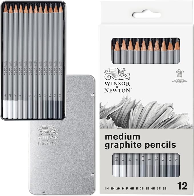 Winsor & Newton Studio Collection, Graphite Pencils, Set of 12 | Soft, Thick Core pencils, Varied Hardness, Soft Smooth Texture, Easy Blending, Stylish Metal Tin Included, High Quality Lead